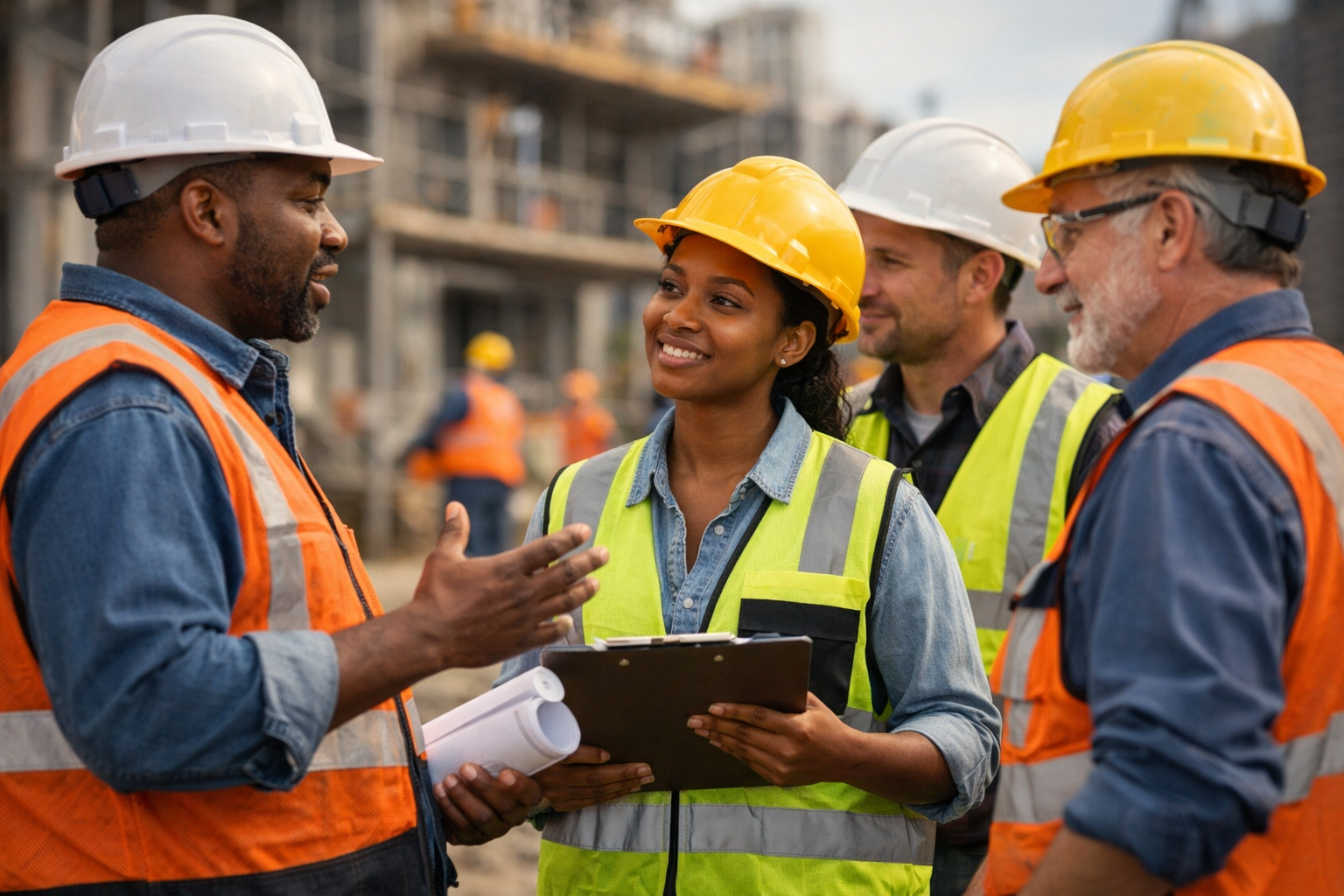 Diverse construction professionals discussing workforce development and leadership planning on a jobsite