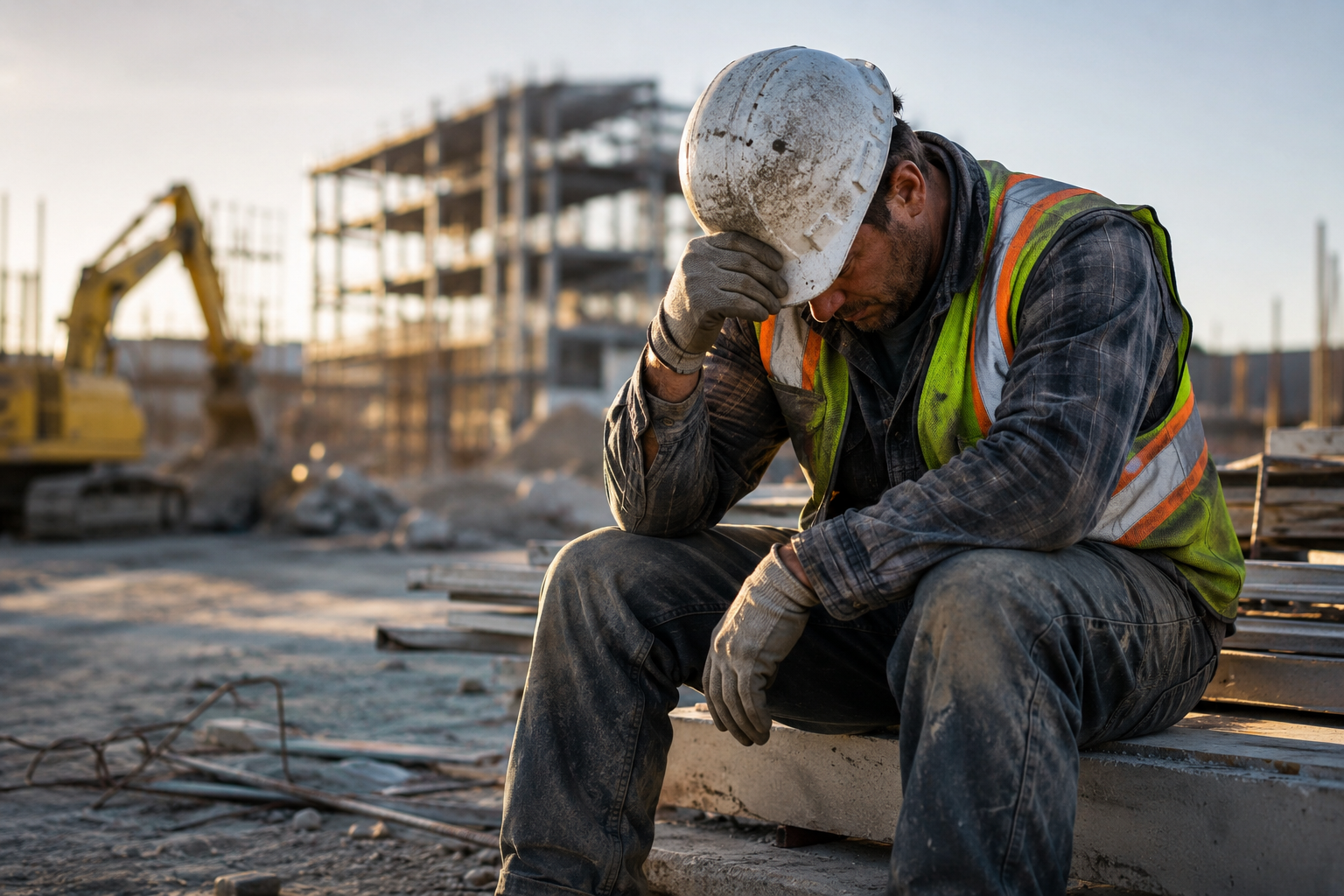Burned-out field construction worker sitting at a job site
